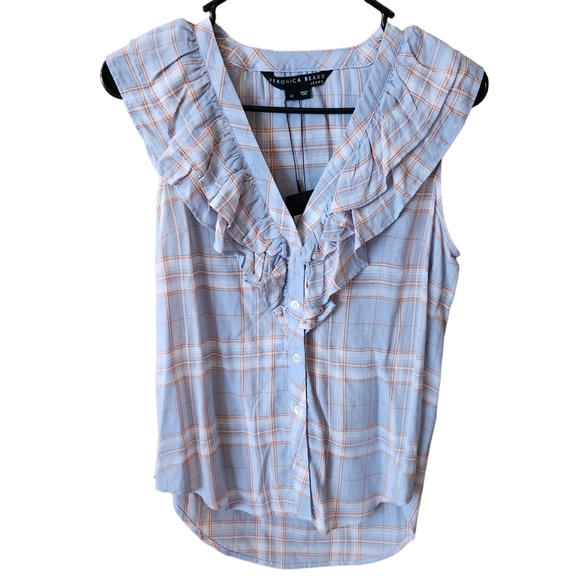 Veronica Beard NWT Size XS Leina Shirt in Vapor Multi, Sleeveless Ruffles Linen - Picture 6 of 14